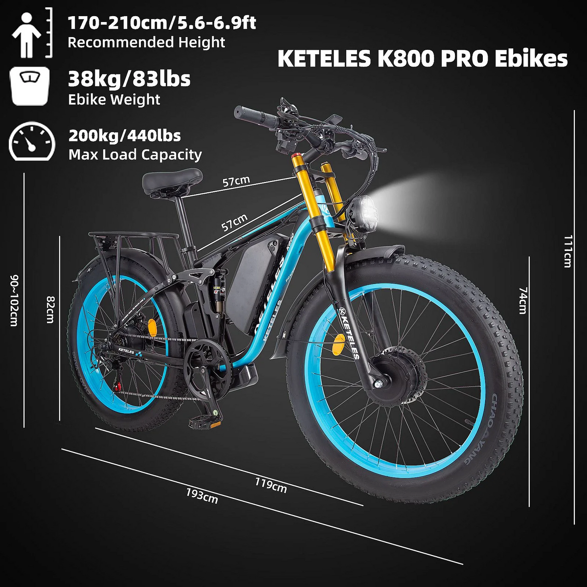 KETELES K800 PRO 2000W Dual Motor AWD Electric Bike, 26" Fat Tires, Full Suspension